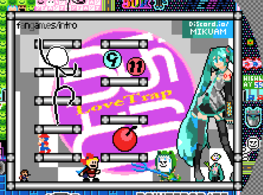 Artwork of various things from I Wanna Be The LoveTrap, including The Kid, Spelunker, 9 11, Red Light/Green Light, a Delicious Fruit, a Stick Figure, and Hatsune Miku. The art also features a small Gura from Gura's Supermarket, which was adapted by IWBTG pxls and Miku&More to fit the template.